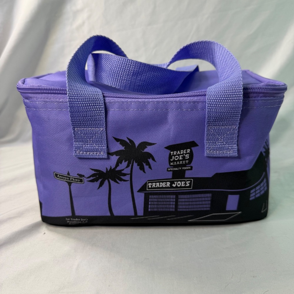 Trader Joes Mini Insulated Cooler Bag Purple Pasadena 1st Store Graphic Tote